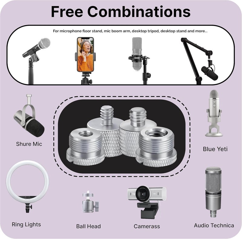 i-XTECH Mic Stand Adapter Set 8 pieces Metal Microphone Stand Screw Thread Adapter 5/8 Female to 3/8 Male 3/8 Female to 5/8 Male 5/8 Female to 1/4 Male 1/4 Female to 5/8 Male Tripod Adapter ADP03 Slvr - Image 2